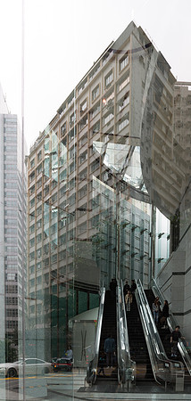 Office Building with Escalators and Reflections